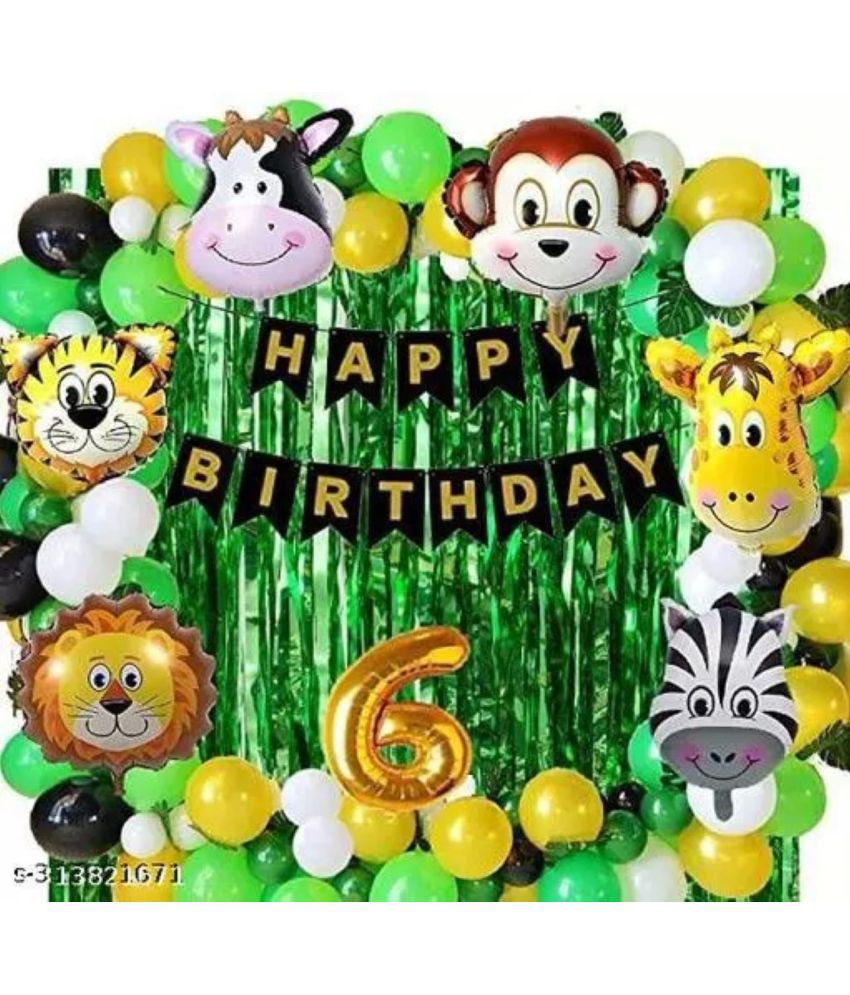     			KR 6th Happy Birthday Balloons Decoration Set - (53 Pcs) Birthday 13 Letter Foil + 2 Pcs Fringe Foil Curtain + 6 Pcs Set of Jungle Theme & Blloon Arch  with 30 Pcs HD. balloon , 6 no. Gold foil ?