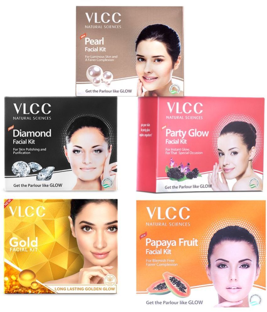     			VLCC Original Papaya, Pearl, Diamond, Anti-Tan, Gold & Party Glow Facial Kit, 60 g Each (Pack of 6)