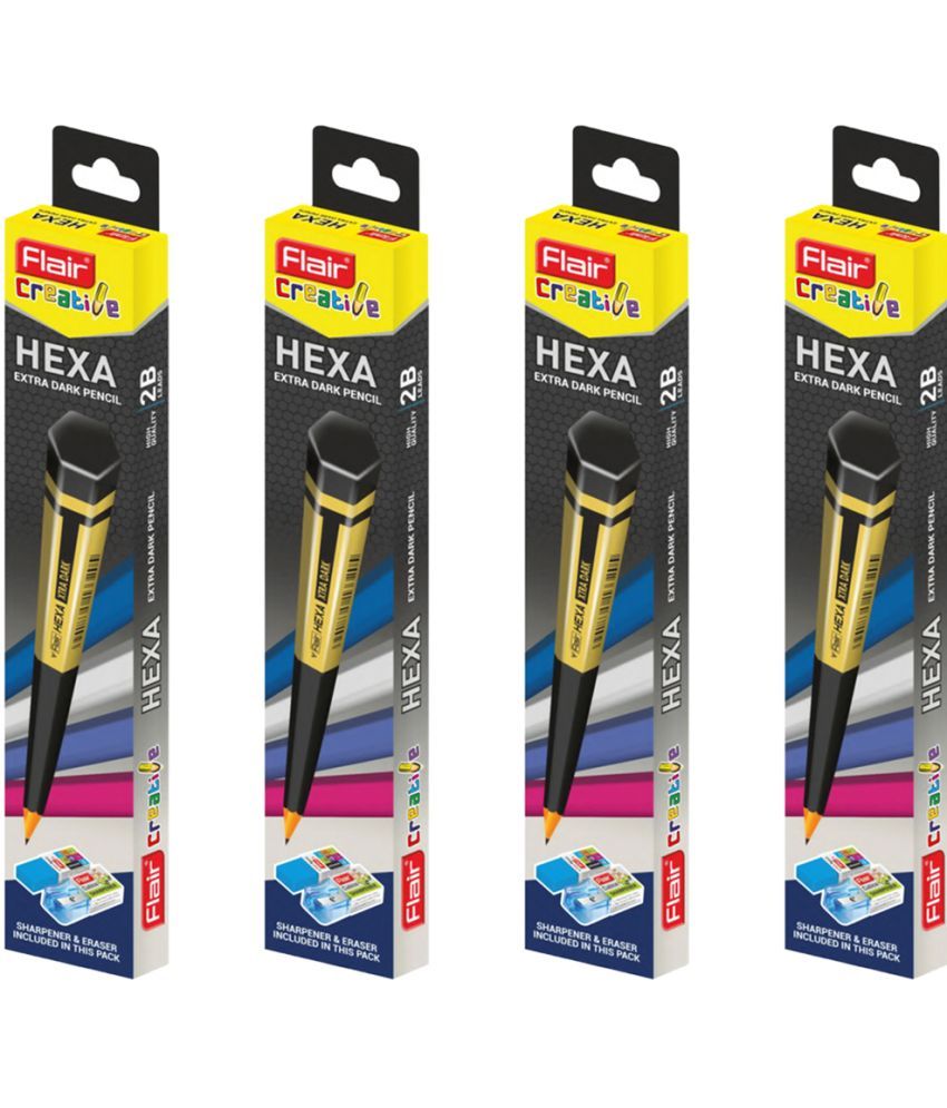     			Flair HEXA Extra Dark 2B Lead Pencil With Eraser & Sharpner | Dark Black Hexagonal Shape 40 Pcs