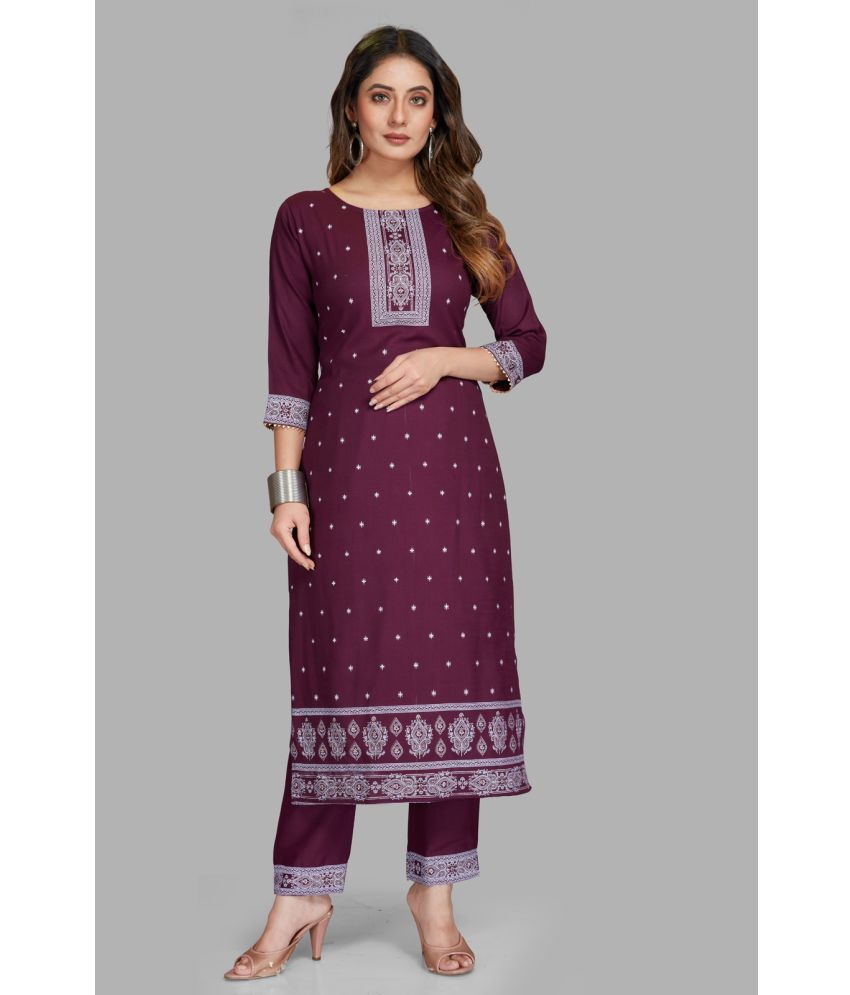     			Style Samsara - Wine Straight Cotton Blend Women's Stitched Salwar Suit ( Pack of 1 )