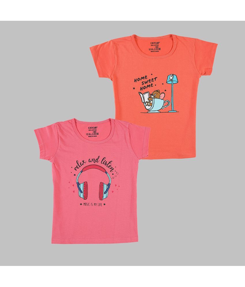     			CATCUB - Multicolor 100% Cotton Girls T-Shirt ( Pack of 2 )