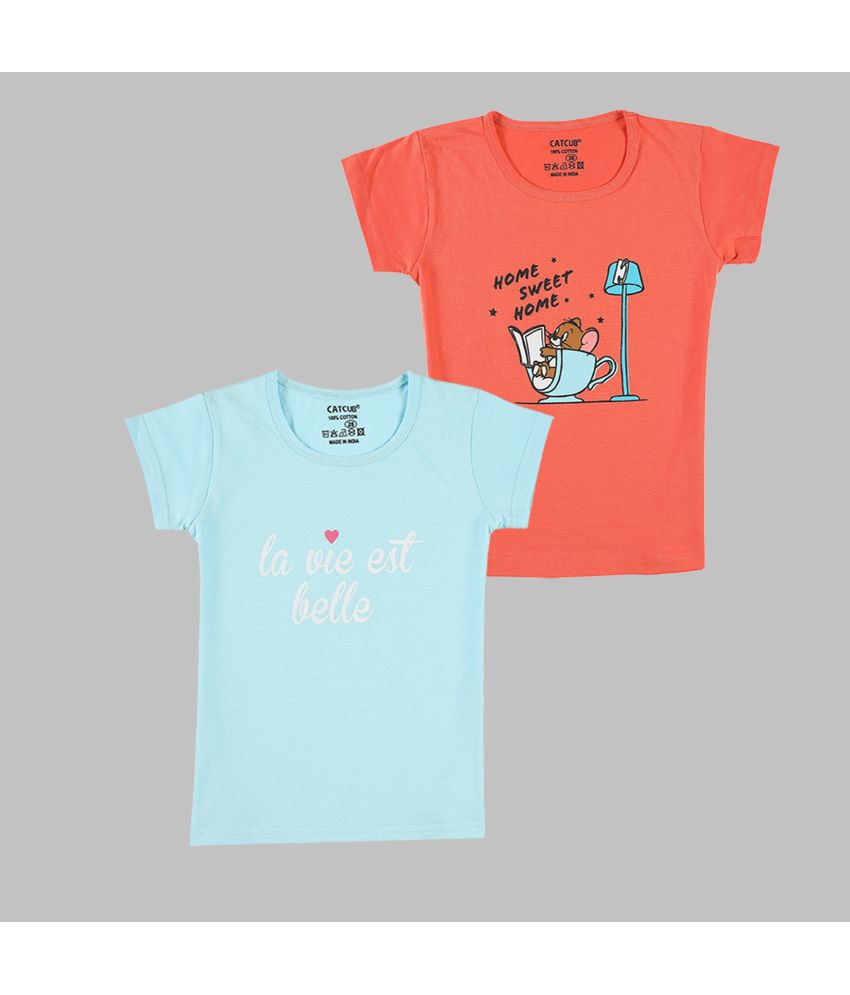     			CATCUB - Multicolor 100% Cotton Girls T-Shirt ( Pack of 2 )