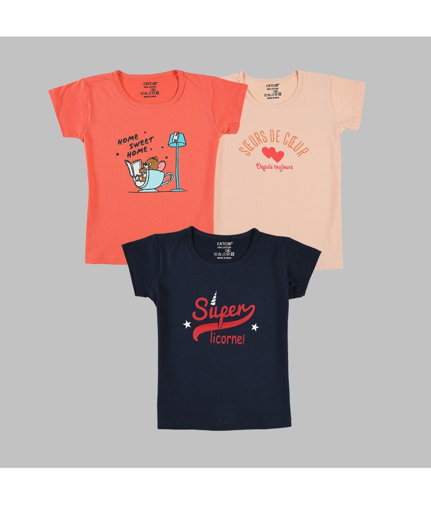     			CATCUB - Multicolor 100% Cotton Girls T-Shirt ( Pack of 3 )