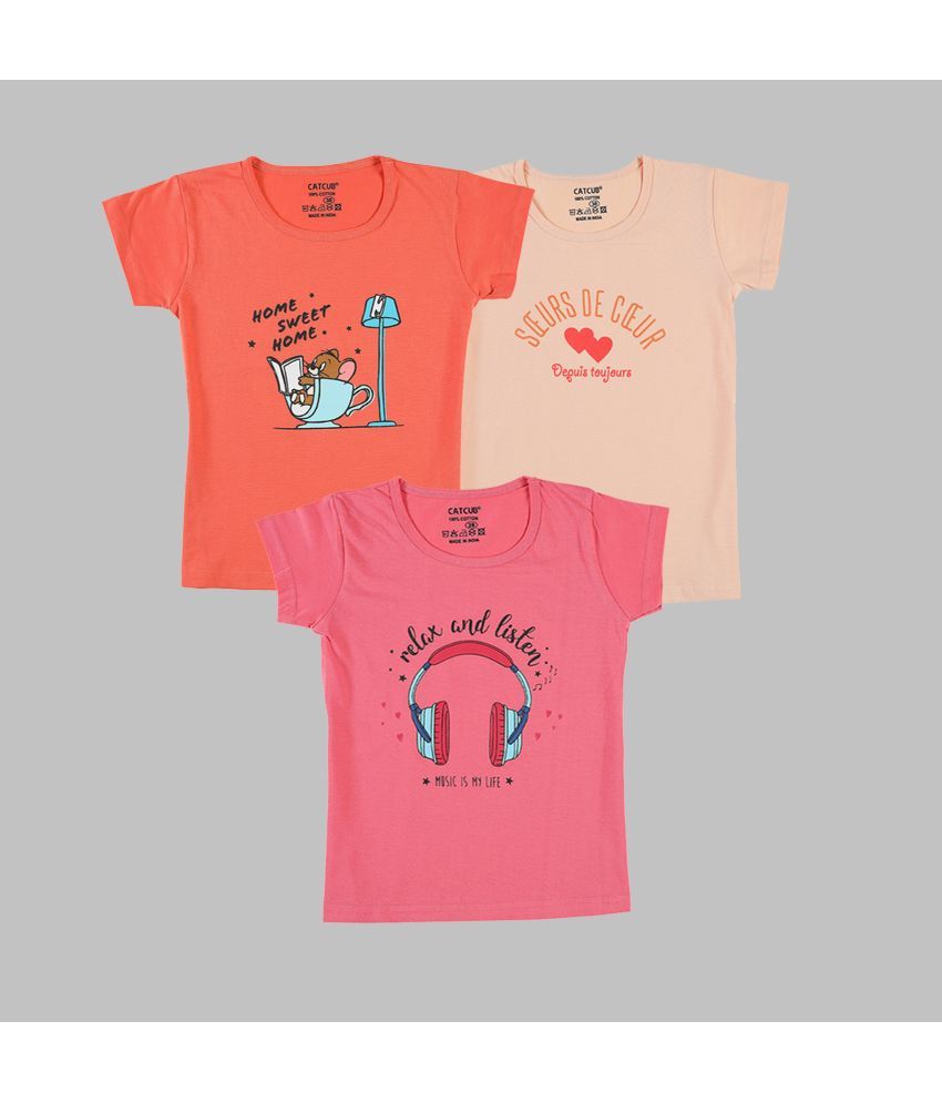     			CATCUB - Multicolor 100% Cotton Girls T-Shirt ( Pack of 3 )