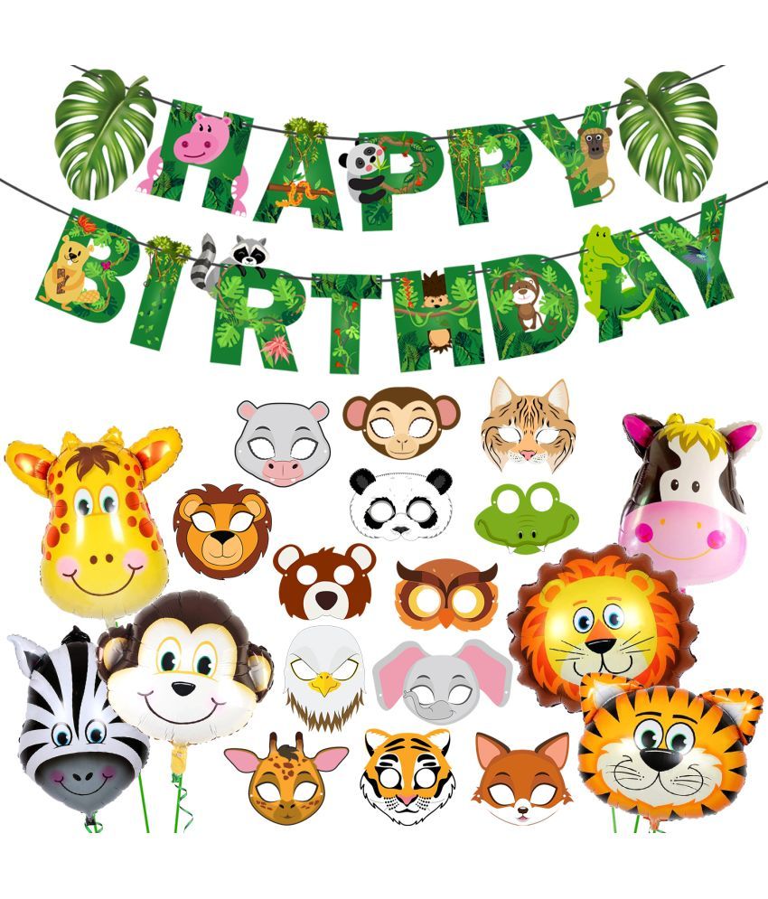     			Zyozi Jungle Safari Birthday Decoration Kit - Birthday Banner with Foil Balloons And Sticker (Pack of 20)