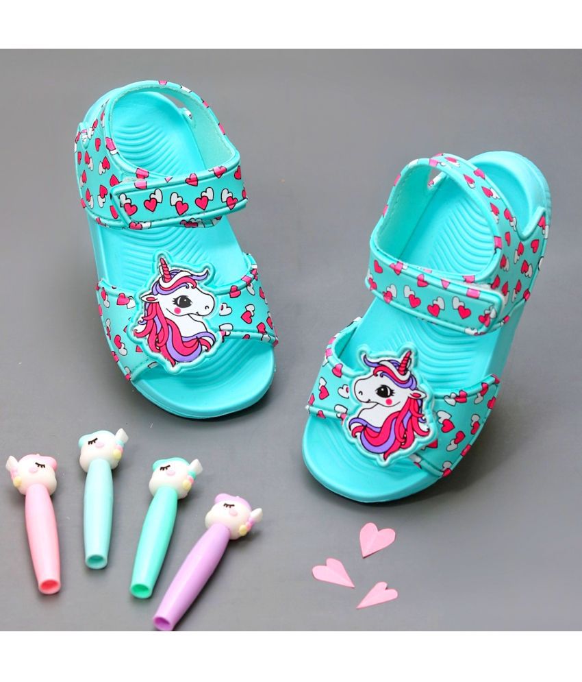     			Yellow Bee Printed Unicorn Sandals for Girls, Aqua and Pink