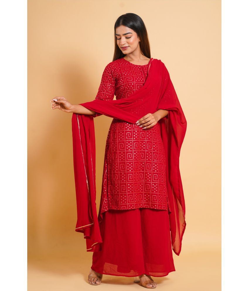     			Estela Georgette Embroidered Kurti With Palazzo Women's Stitched Salwar Suit - Red ( Pack of 1 )