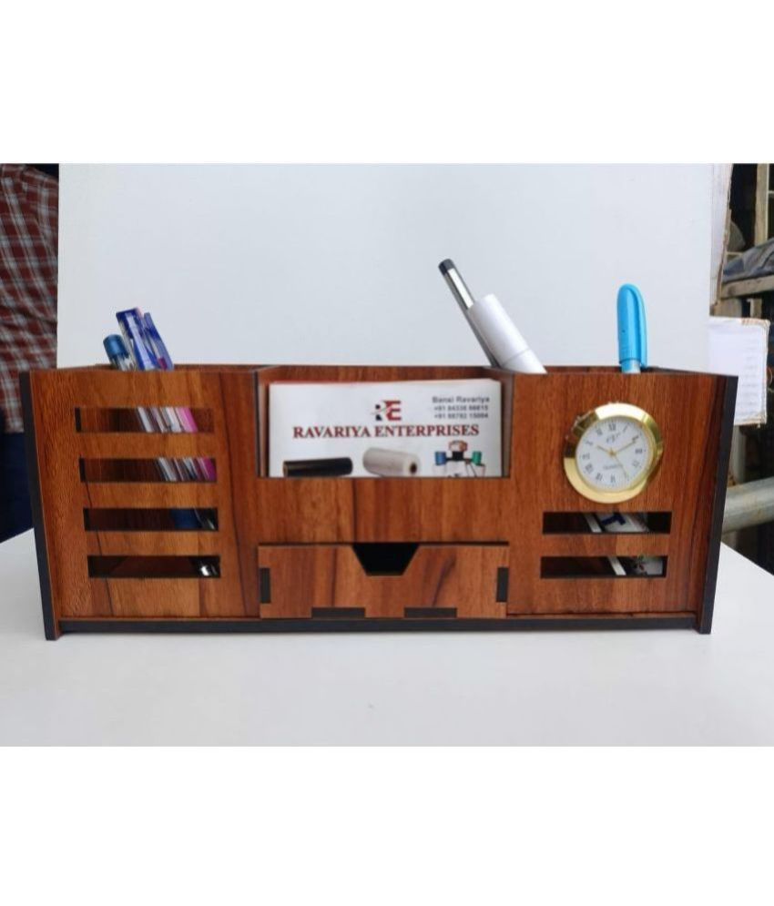     			BIG BOSS ENTERPRISES Four Compartment Pen Stand Holder With Watch And Drawer Wooden Pen Stand With Clock Mobile and Visiting Card Holder for Office Desk and Study Table