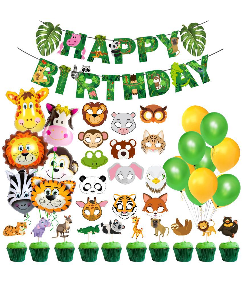     			Zyozi Jungle Safari Happy Birthday Decorations - Animal Birthday Party Decoration Banner with Latex Balloons, Foil Balloons & Sticker, Cupcake Topper (Pack of 55)