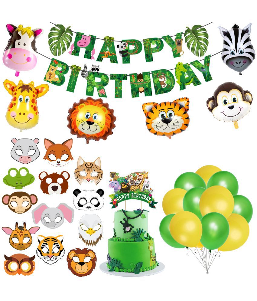    			Zyozi Jungle Safari Happy Birthday Decoration kit - Birthday Party Decoration Banner with Latex Balloons, Cake Topper & Sticker, Foil Baloons (Pack of 46)
