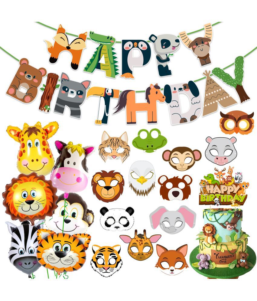     			Zyozi Jungle Safari Happy Birthday Decorations - Birthday Decoration Banner - Sticker, Foil Balloons & Cake Topper (Pack of 21)