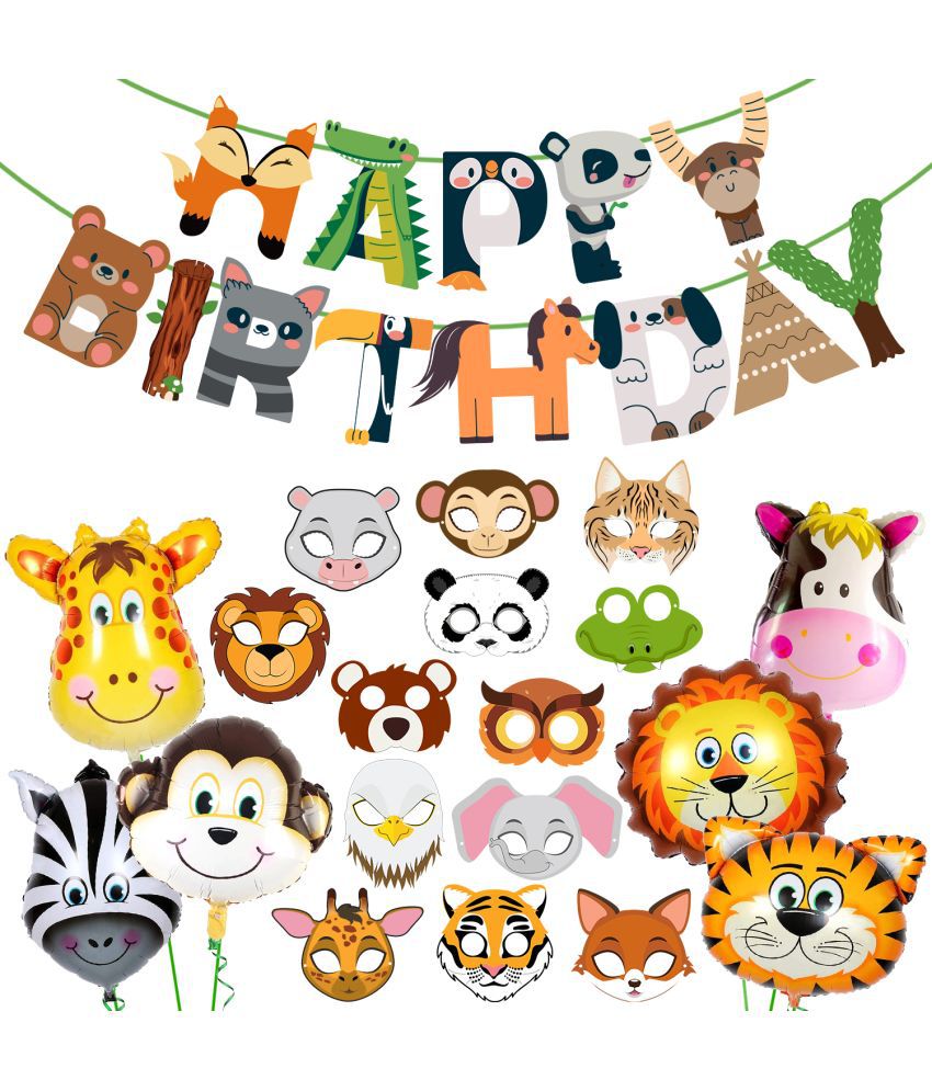     			Zyozi Jungle Safari Happy Birthday Decorations - Birthday Party Decoration Banner with Sticker, Foil Balloons (Pack of 20)