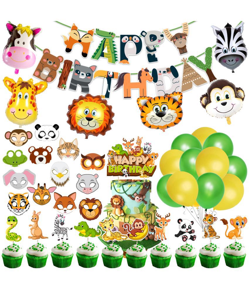     			Zyozi Jungle Safari Happy Birthday Decorations - Birthday Decoration Banner with Latex Balloons, Cake Topper & CupCake Topper, Sticker (Pack Of 56)