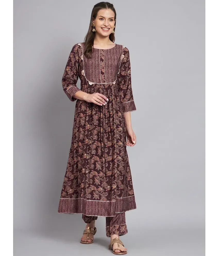 MESMORA Brown A line Crepe Women s Stitched Salwar Suit Pack
