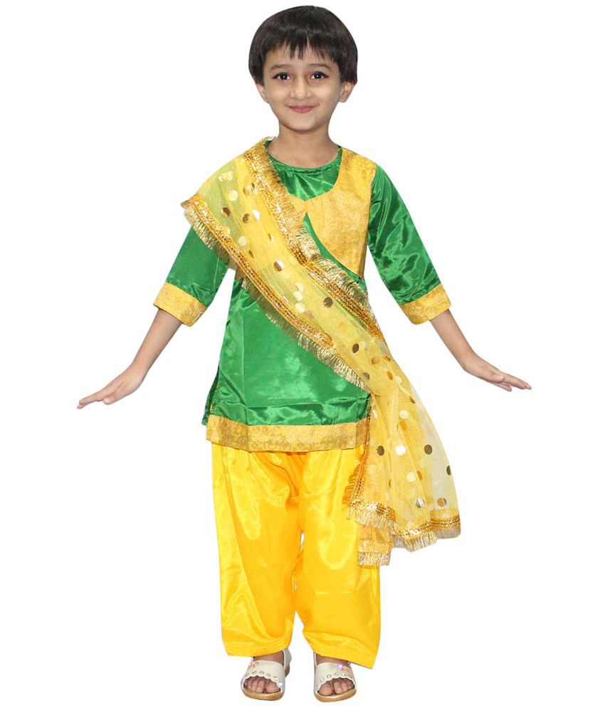     			Kaku Fancy Dresses Indian State Punjabi Folk Dance Costume for Kids/ Salwar Suit with Dupatta For Girl Costume - Green & Yellow, 3-4 Years