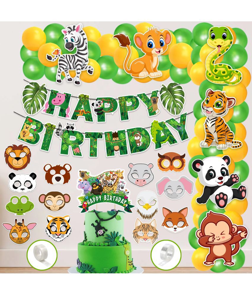     			Zyozi Jungle Theme Birthday Decoration Set - Happy Birthday Banner With Cardstock, Sticker , Cake Topper & Balloons (Pack of 73)