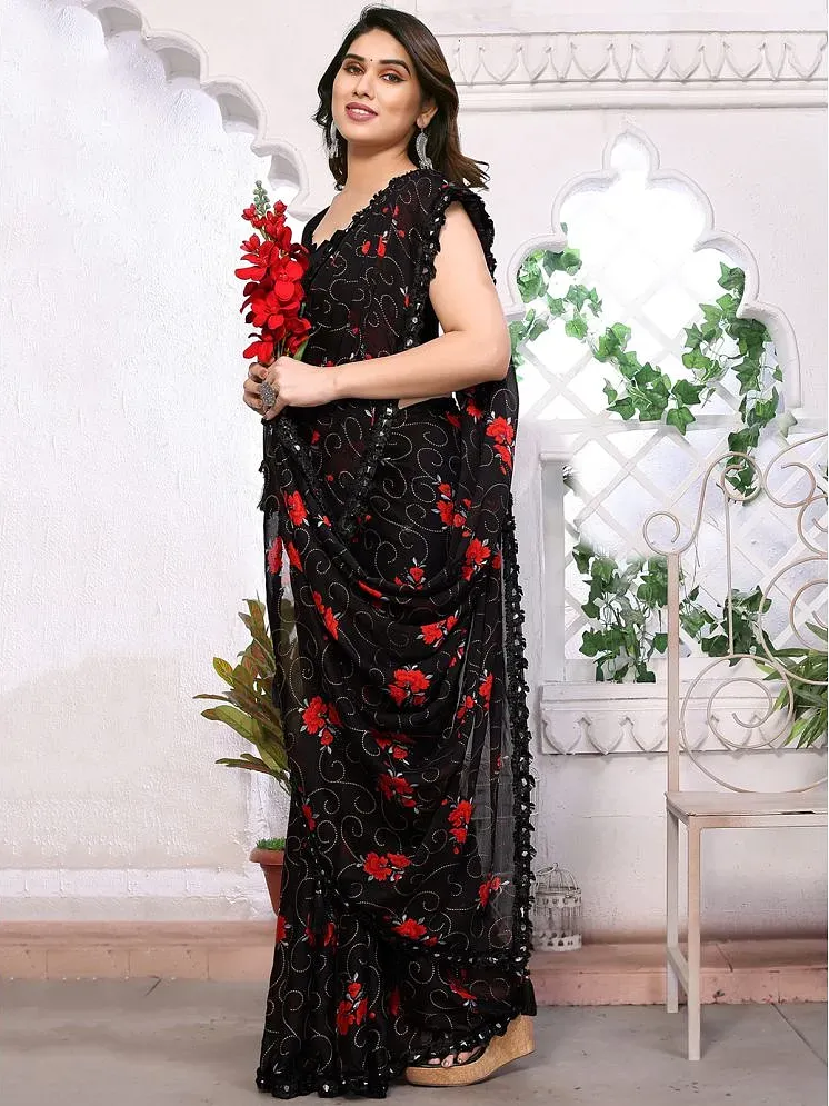 Buy Black Georgette Saree Striped Diamond Work Border Online