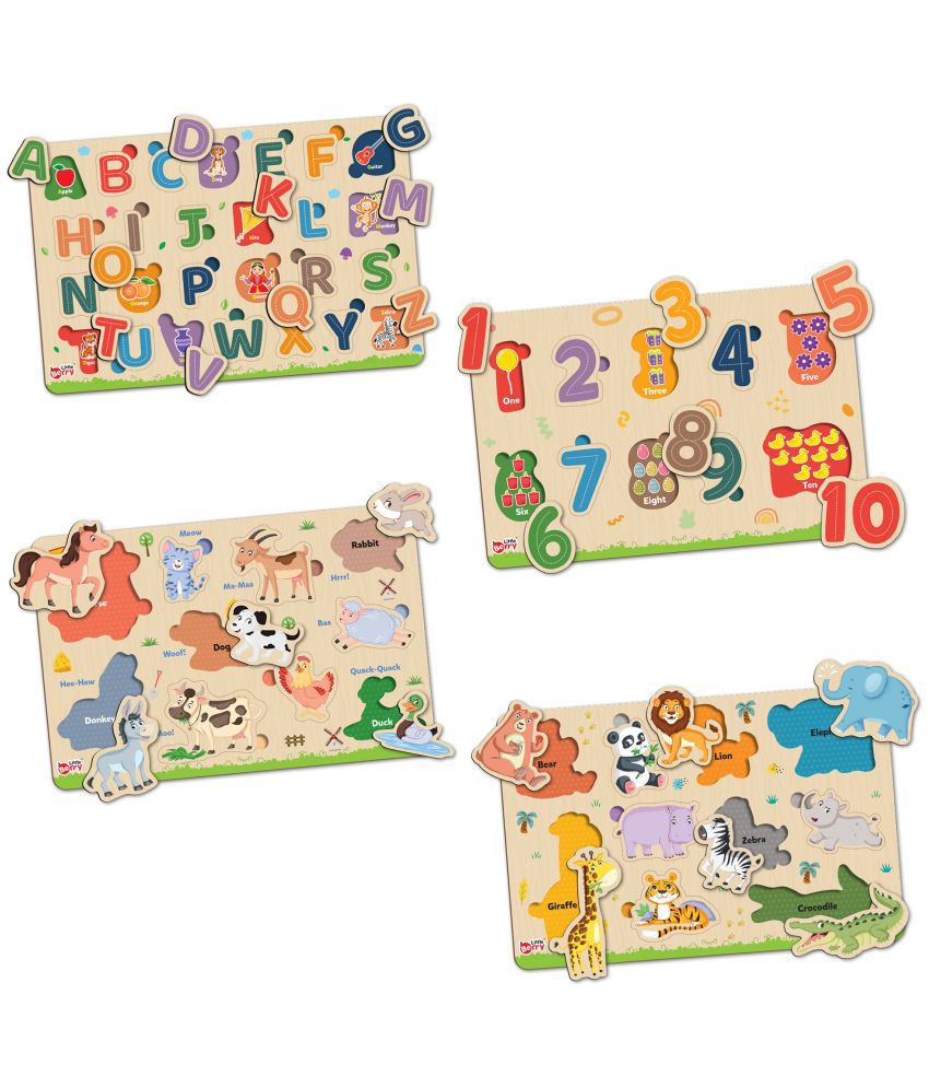     			Little Berry Wooden Puzzle Board with Pictures for Kids (Pack of 4): ABCD Letters Alphabets, Numbers, Jungle Animals, Farm Animals - Knob & Peg Puzzles Games for Boys, Girls, Preschool Children - Learning & Education Wooden Toy Jigsaw Puzzle Set