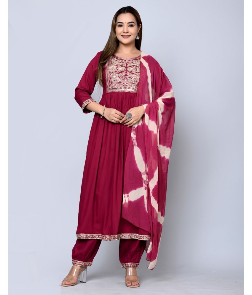     			MAUKA - Maroon Anarkali Rayon Women's Stitched Salwar Suit ( Pack of 1 )