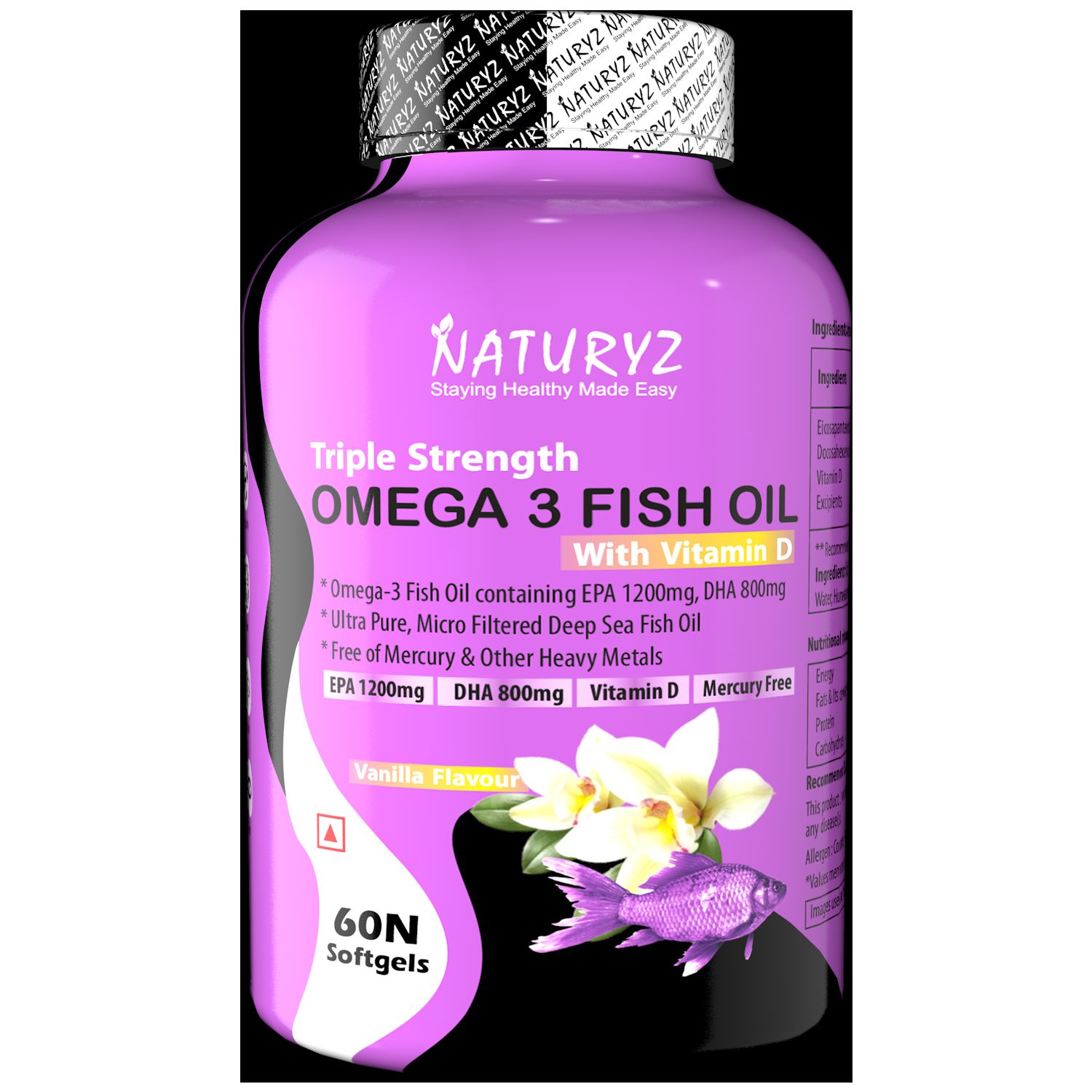     			NATURYZ Triple strength fish oil with vitamin d EPA 1200 MG DHA 800mg vanilla flavour (60 Capsules)