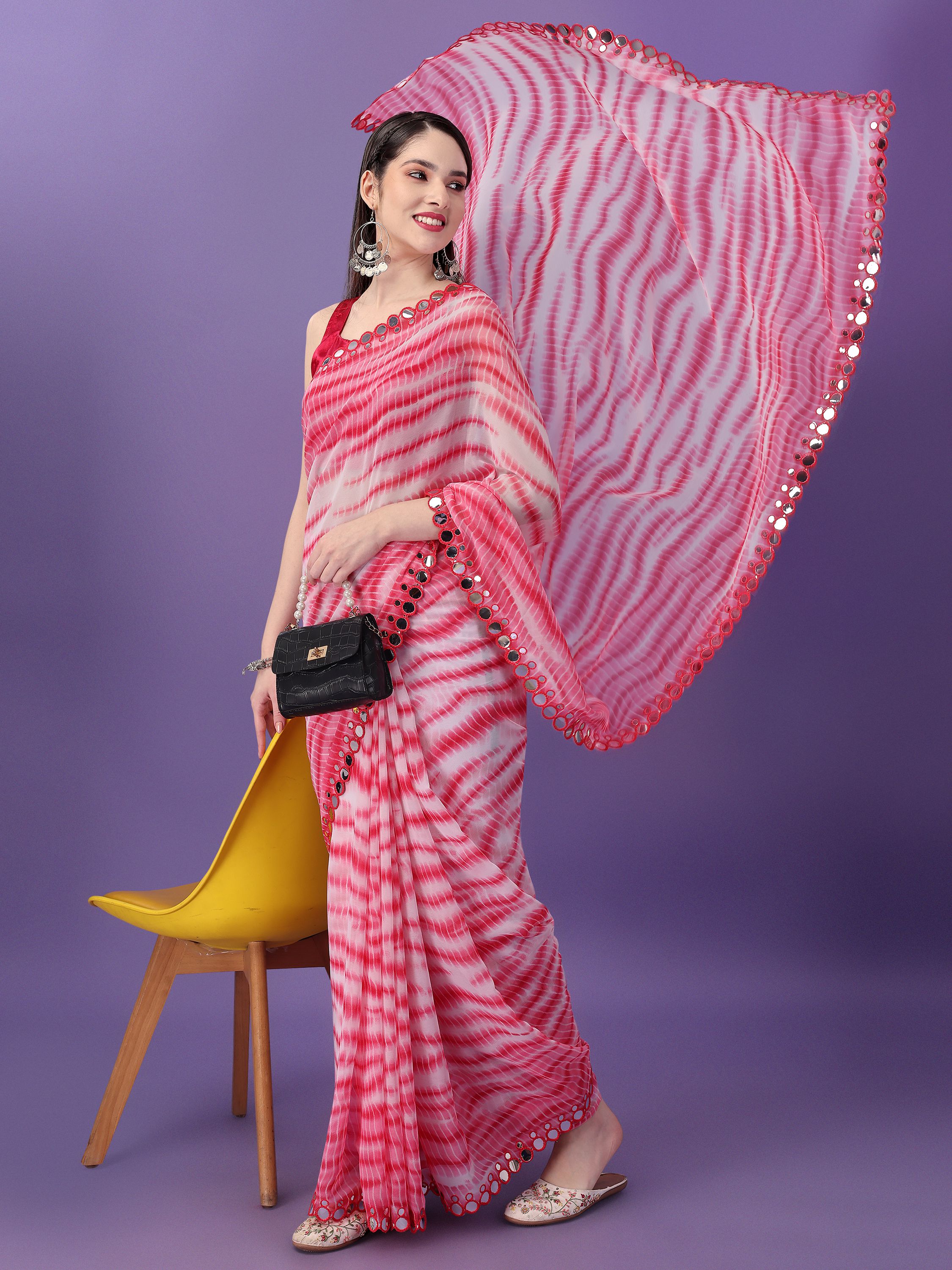     			Rangita Women Tie & Dye Printed Georgette Mirror Work Saree With Blouse Piece -Pink