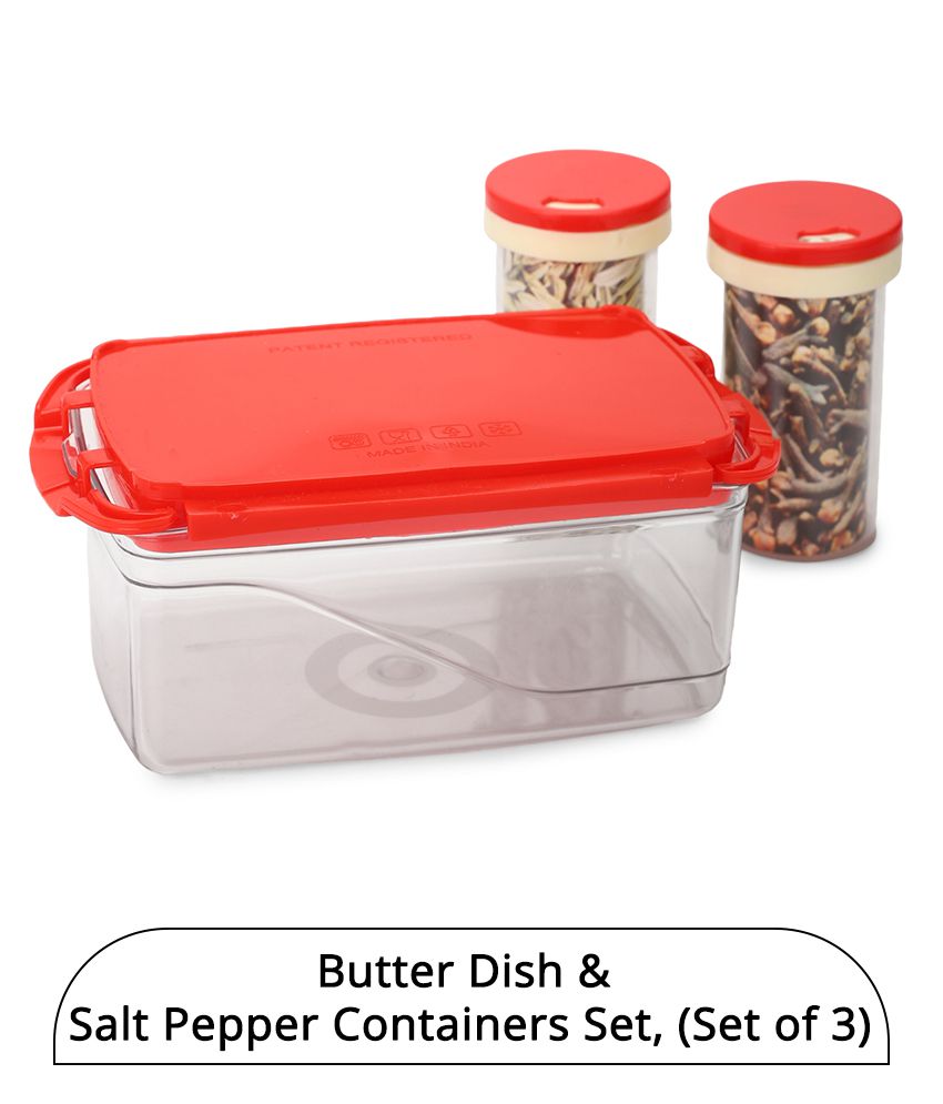     			HOMETALES Red Color Plastic Butter Dish (1U) & Salt Pepper Containers (2U) Set, (Set of 3)