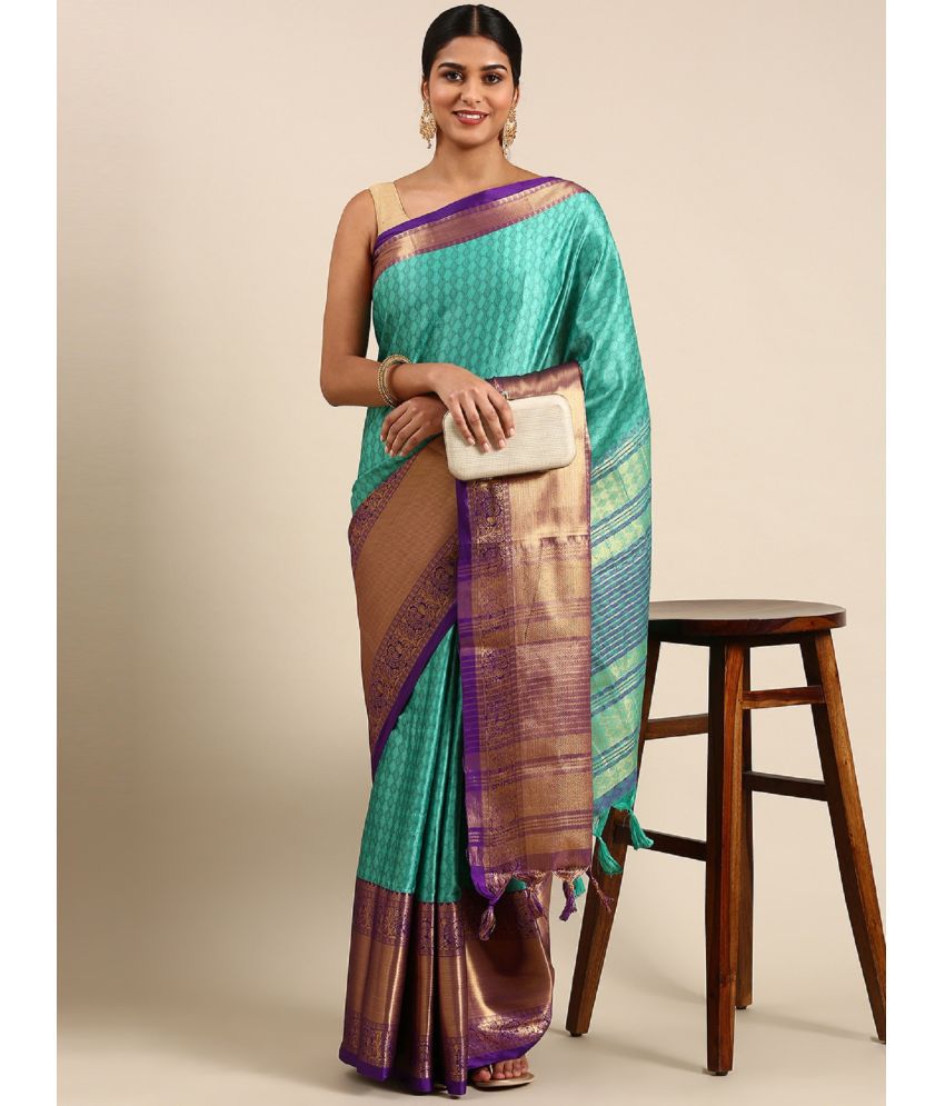     			JULEE Cotton Silk Printed Saree With Blouse Piece - Teal ( Pack of 1 )