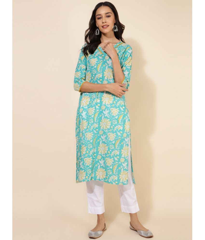     			Janasya Cotton Printed Straight Women's Kurti - Blue ( Pack of 1 )