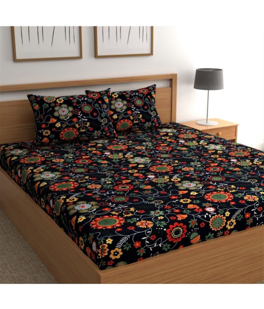     			CG HOMES Microfiber Floral 1 Double Bedsheet with 2 Pillow Covers - Dark Blue
