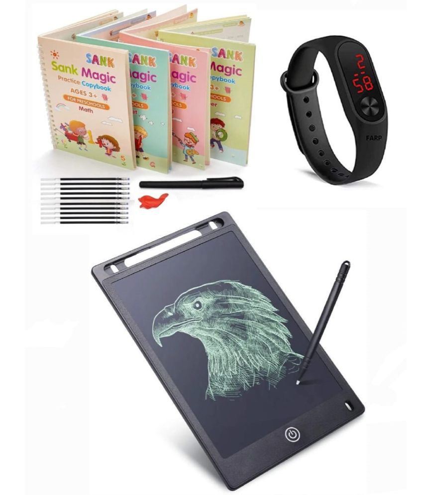     			Combo Of 3 Pack - Sank Magic Practice Copy book & LCD Writing Tablet slate & LED Band Watch Digitel Multicolor By A to Z book Store
