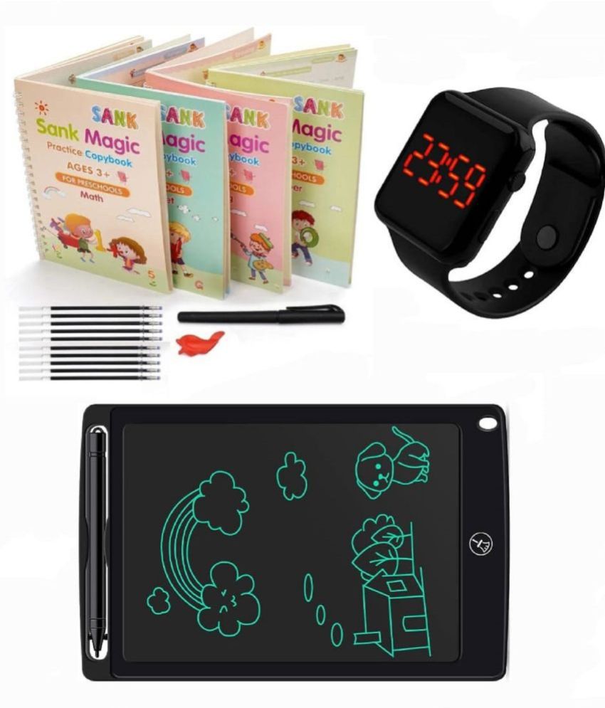     			Combo Of 3 Pack - Sank Magic Practice Copy book & LCD Writing Tablet slate & Stylish Digital Black Display Square LED Watch Multicolor By Unico Traders