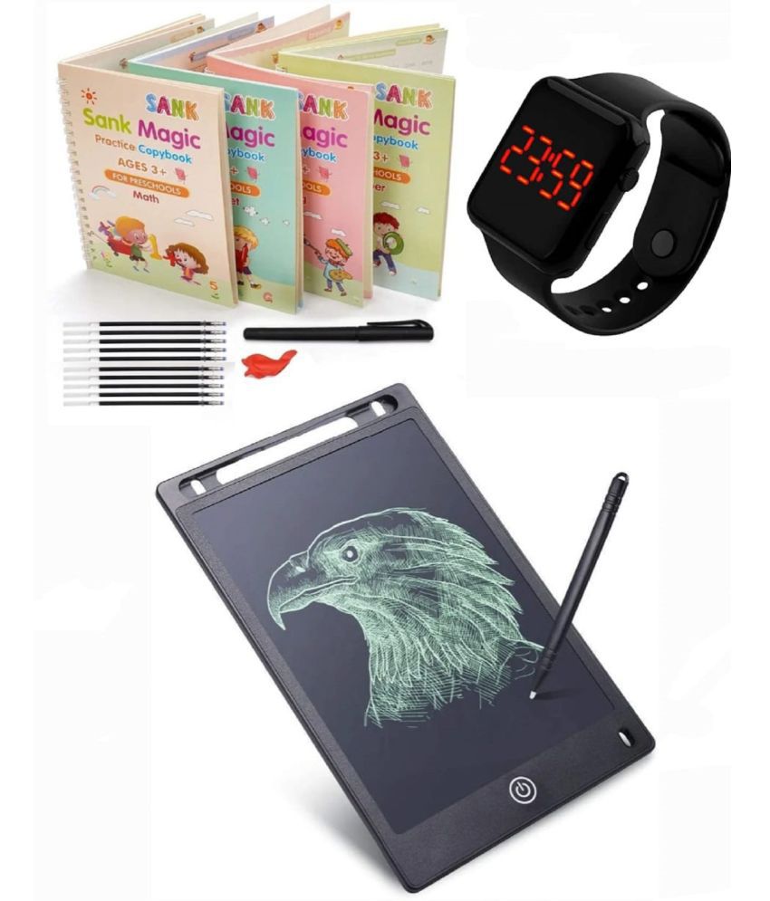     			Combo Of 3 Pack - Sank Magic Practice Copy Book & LCD Writing Tablet Slate & Stylish Digital Black Display Square LED Watch Multicolor By Vinay Book Store