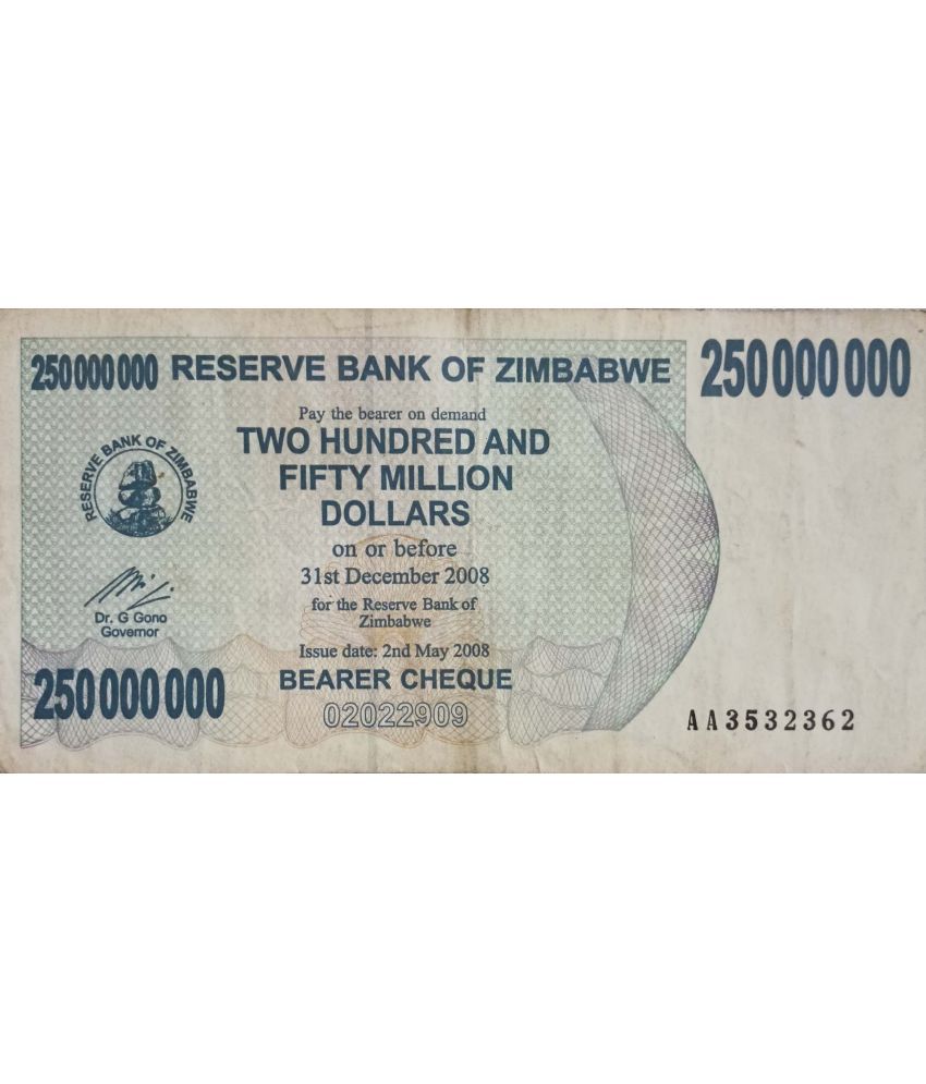     			Extremely Rare Zimbabwe 250000000 Two Hundered and Fifty Million Dollars