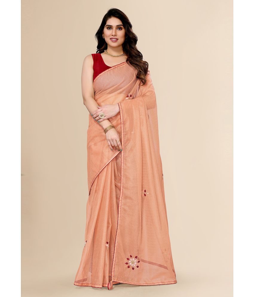     			FABMORA Cotton Embroidered Saree With Blouse Piece - Peach ( Pack of 1 )