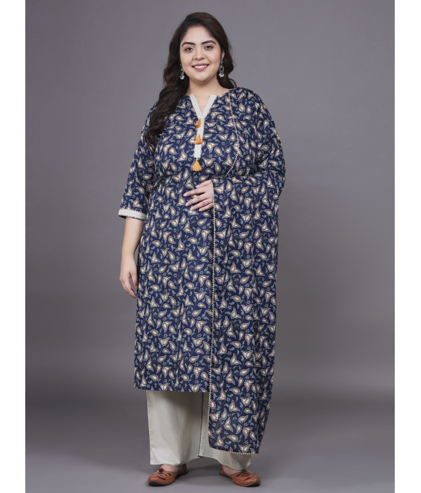     			Tissu Cotton Printed Kurti With Palazzo Women's Stitched Salwar Suit - Navy ( Pack of 1 )