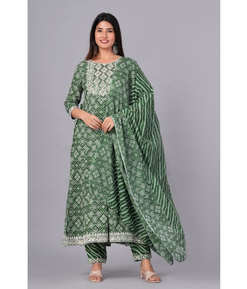     			Doriya Cotton Blend Printed Kurti With Palazzo Women's Stitched Salwar Suit - Green ( Pack of 1 )