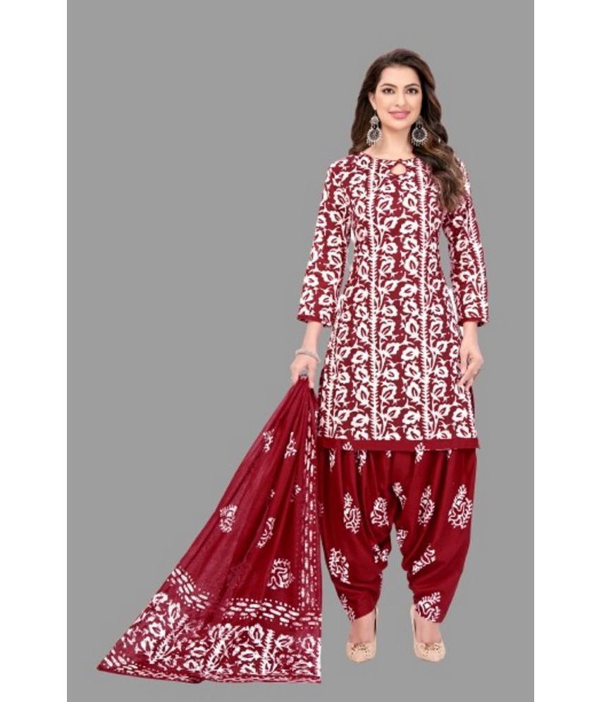     			shree jeenmata collection Cotton Printed Kurti With Patiala Women's Stitched Salwar Suit - Maroon ( Pack of 1 )