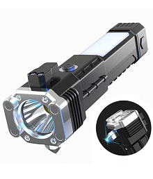 Multifunctional Portable LED Flashlight Rechargeable Torch Long Distance Beam Range with Power Bank Hammer and Strong Magnets Window Glass Broker and Seat Belt Cutter for Car