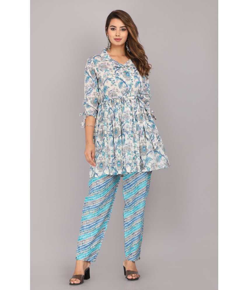     			JC4U Cotton Printed Kurti With Pants Women's Stitched Salwar Suit - Light Blue ( Pack of 1 )