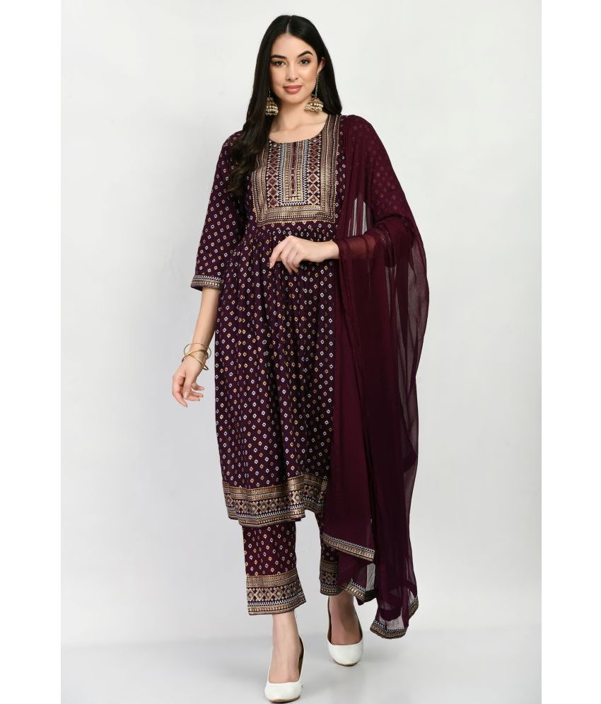    			MAURYA Rayon Printed Kurti With Pants Women's Stitched Salwar Suit - Wine ( Pack of 1 )
