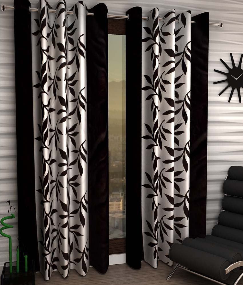     			N2C Home Floral Semi-Transparent Ring Rod Curtain 7 ft ( Pack of 2 ) - Brown