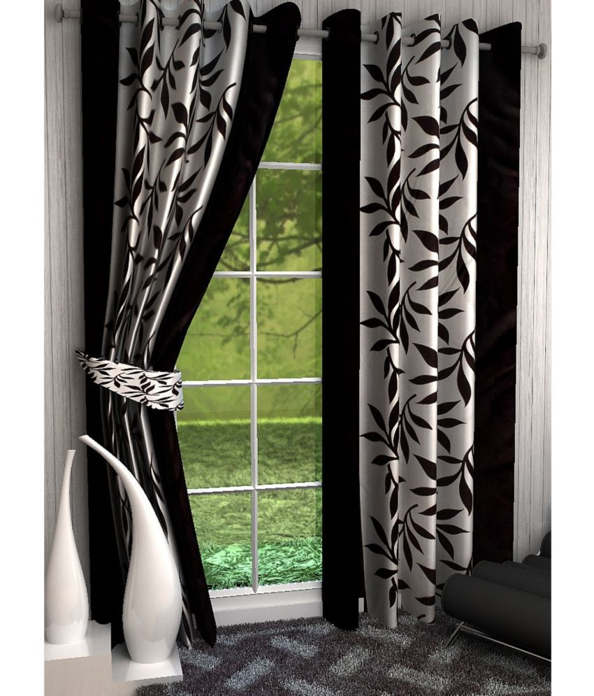     			N2C Home Floral Semi-Transparent Eyelet Curtain 7 ft ( Pack of 2 ) - Black