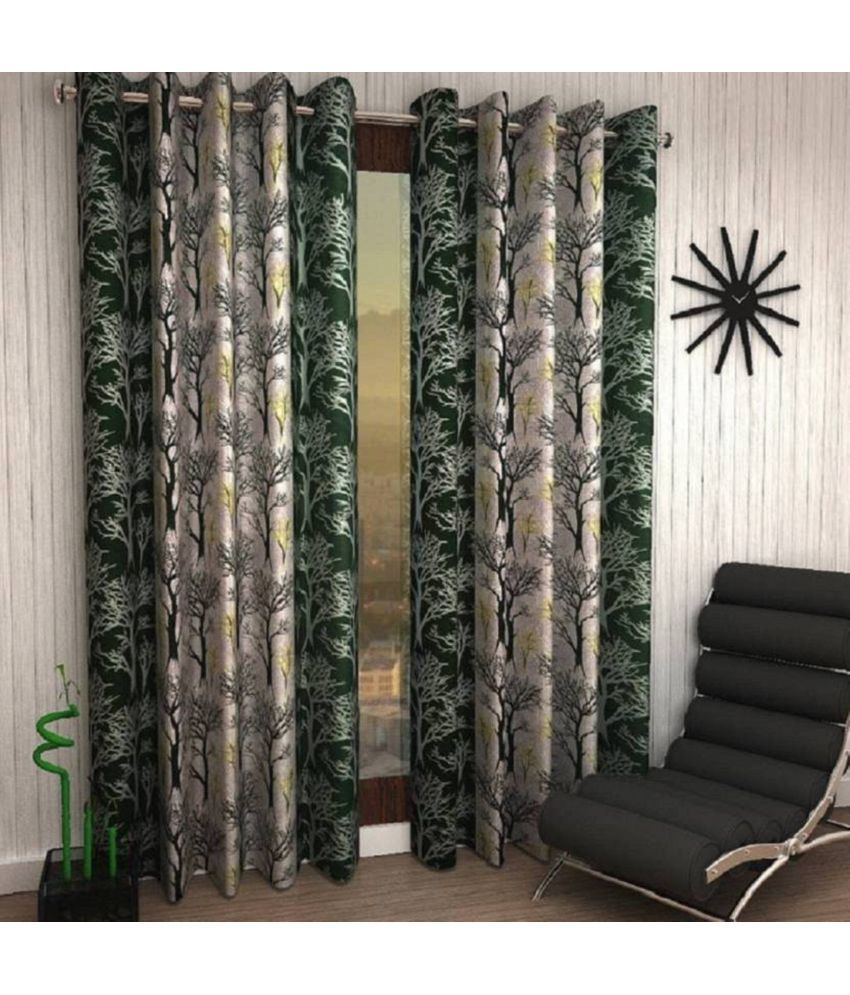     			N2C Home Floral Semi-Transparent Eyelet Curtain 7 ft ( Pack of 2 ) - Green