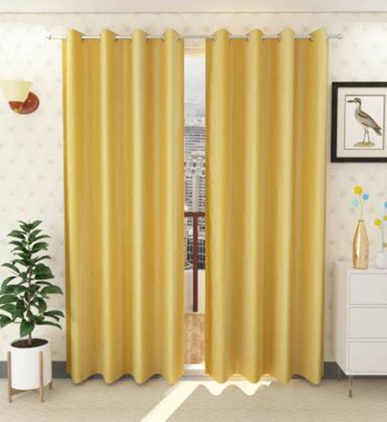     			N2C Home Solid Semi-Transparent Eyelet Curtain 7 ft ( Pack of 2 ) - Yellow