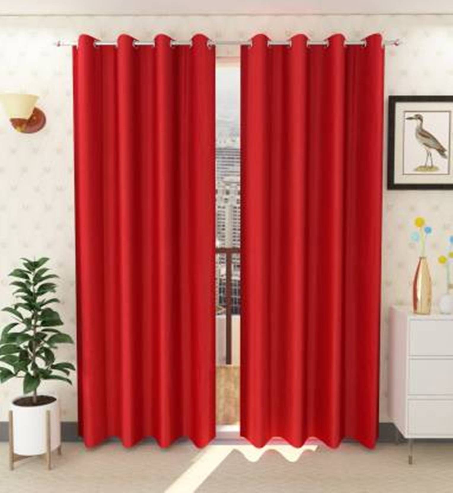     			N2C Home Solid Semi-Transparent Eyelet Curtain 5 ft ( Pack of 2 ) - Red