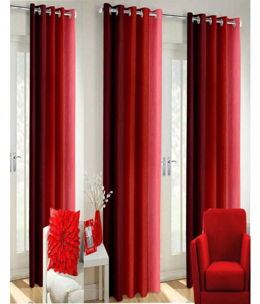     			N2C Home Vertical Striped Semi-Transparent Eyelet Curtain 5 ft ( Pack of 3 ) - Red