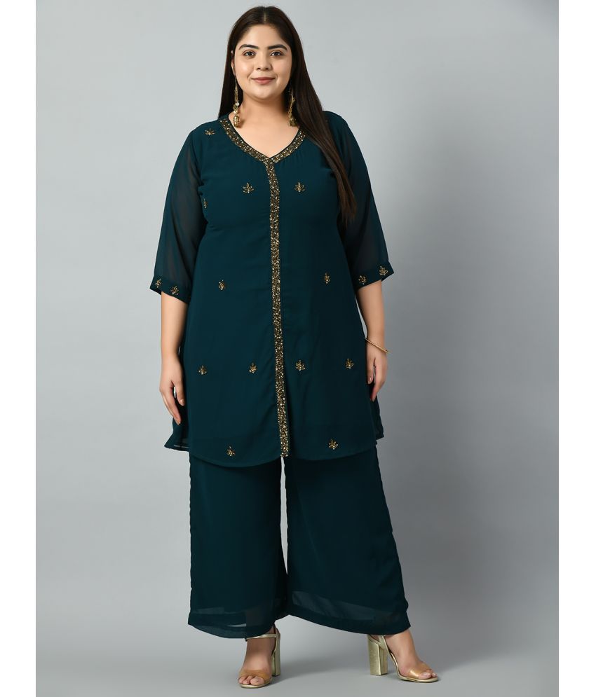     			PrettyPlus by Desinoor.com Georgette Embroidered Kurti With Palazzo Women's Stitched Salwar Suit - Teal ( Pack of 1 )