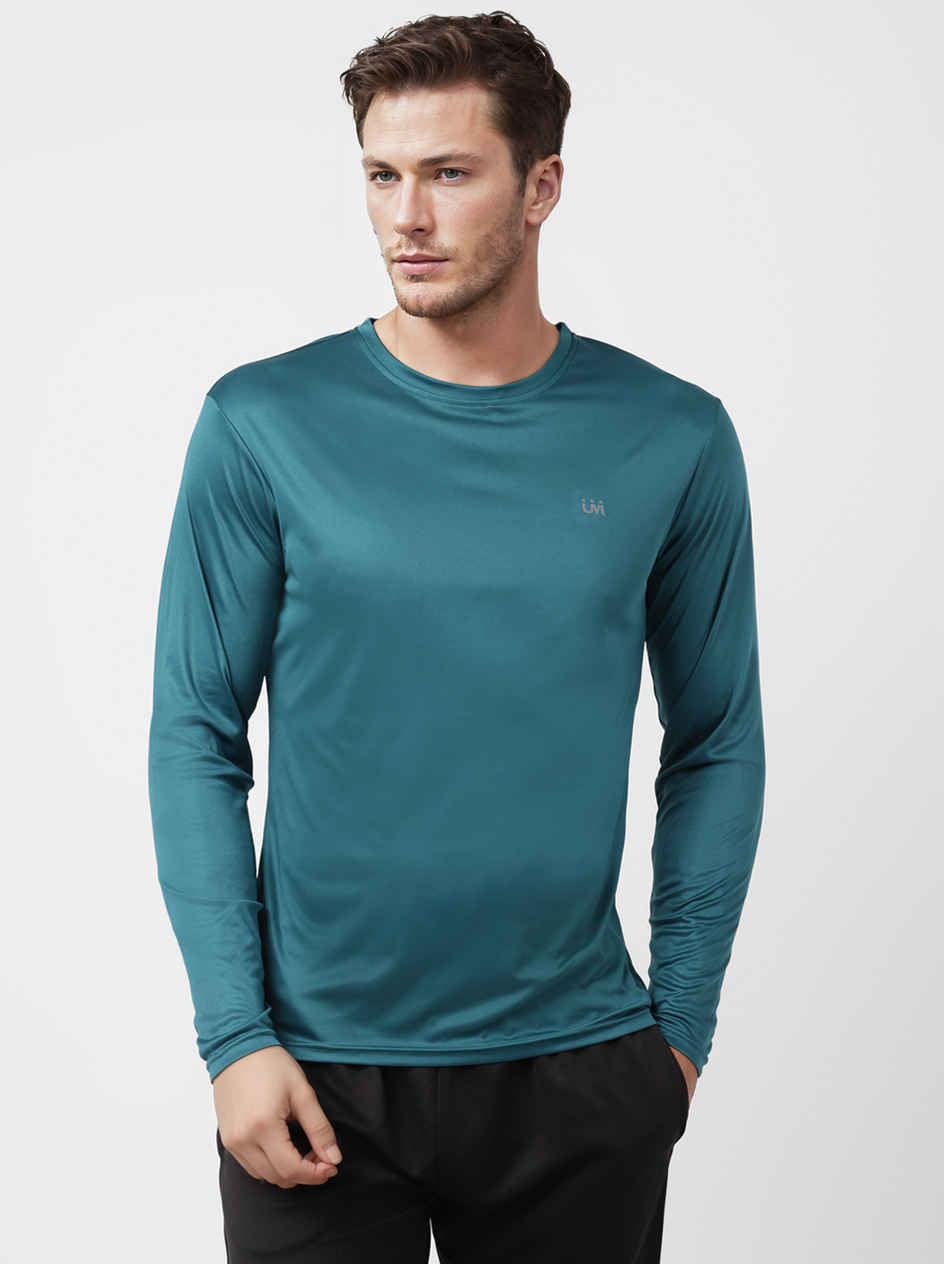     			UrbanMark Mens Regular Fit Quick Dry Sports Round Neck Full Sleeves Solid T Shirt -Teal Blue