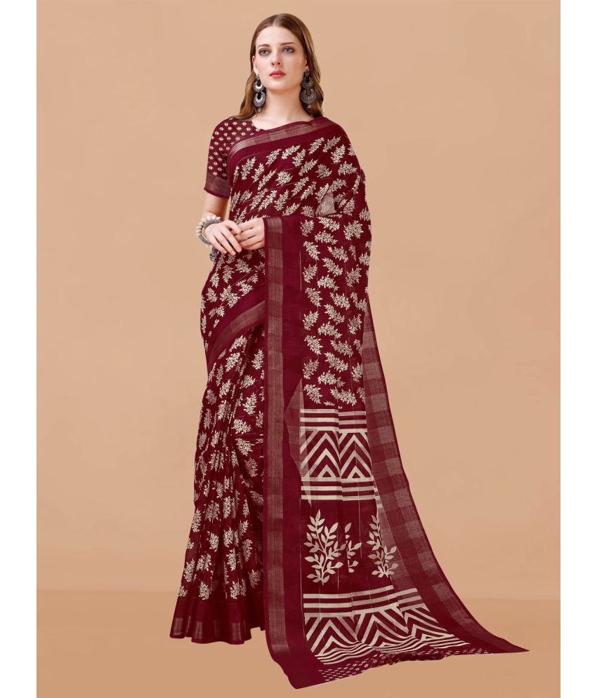     			Vichitro Cotton Silk Printed Saree With Blouse Piece - Maroon ( Pack of 1 )