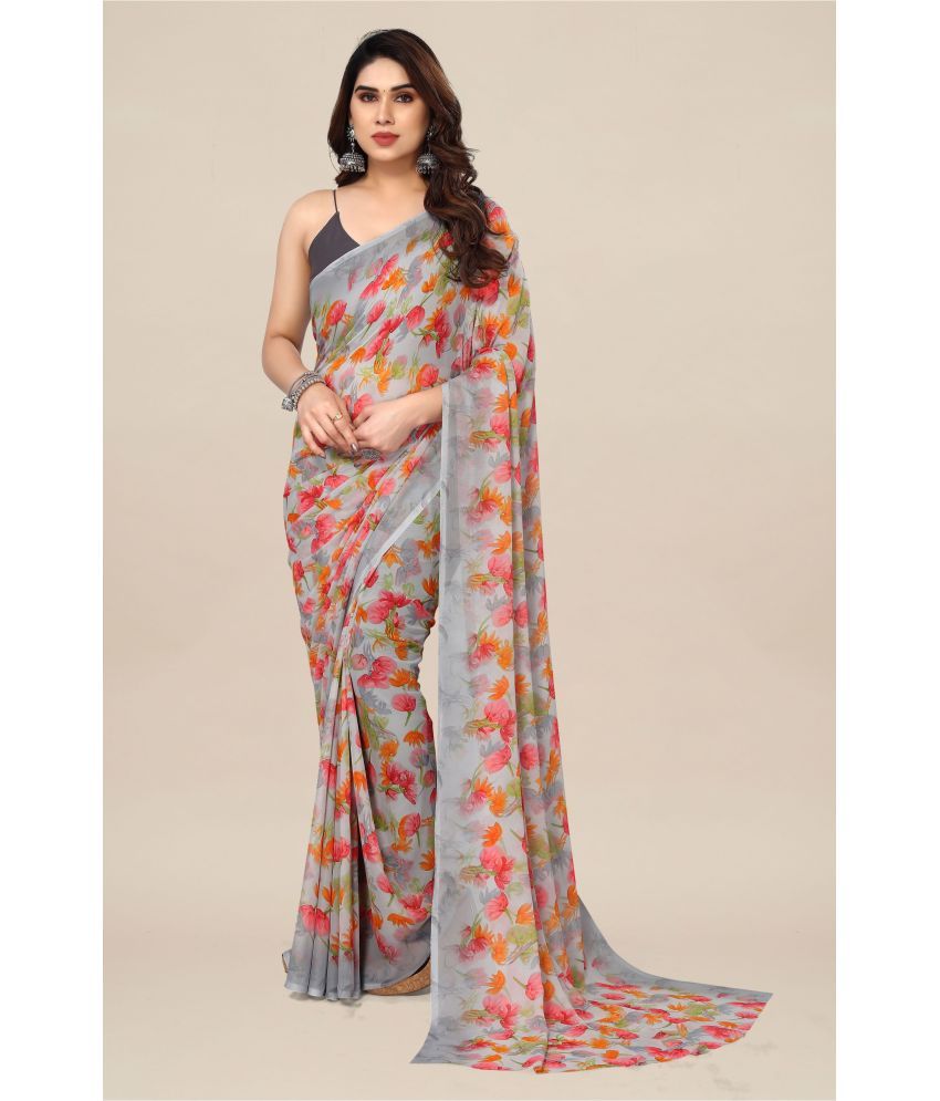     			Kashvi Sarees Georgette Printed Saree Without Blouse Piece - Grey ( Pack of 1 )